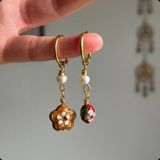 Asymmetric Orange Flower & Pearl Drops